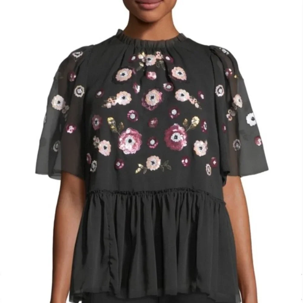 Kate Spade X Madison Avenue Top Womens XXS Black Sequin‎ Floral Blouse
